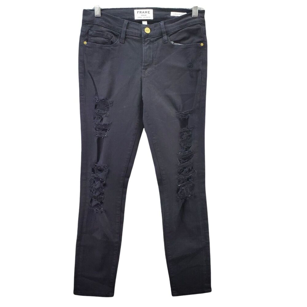 Frame Women Size 27 Jeans Le Skinny De Jeanne Distressed Solid Black Torn Ripped